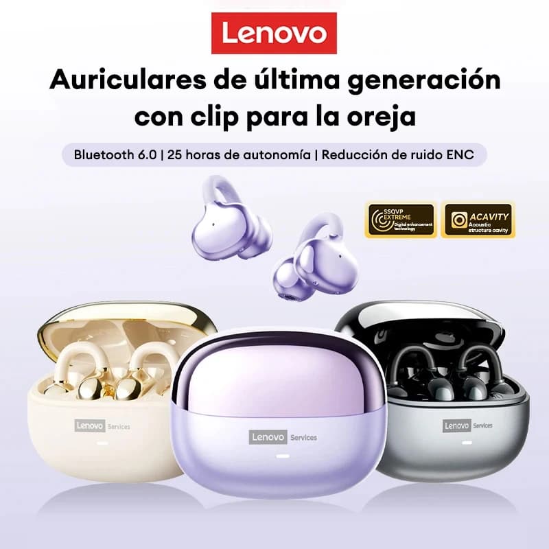 Lenovo LE302 Auricolari Bluetooth 6.0 Wireless con Lunga Durata della Batteria, Clip per Orecchio, Cuffie HIFI Stereo con Cancellazione del Rumore