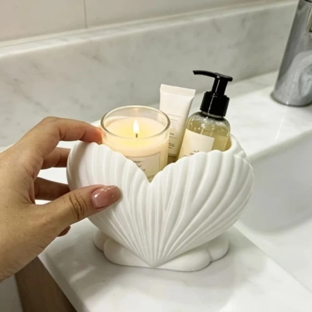 3D Printed Shell Shape Toothpaste Toothbrush Holder Aesthetic Plastic Makeup Brush Stand Coastal Style Stable Base
