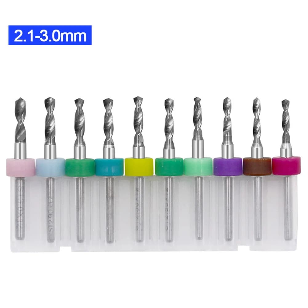 10 piece hard metal PCB drill bit set, precision tools with 1/8 inch stem for printed circuit board, metal, plastic, copper with 12 mm cut length