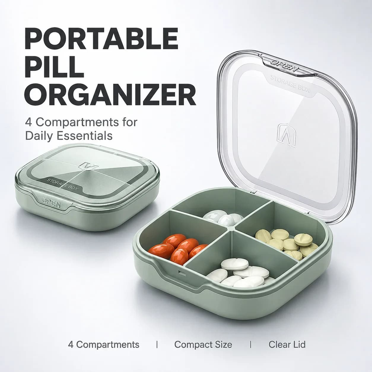 Portable Pill Organizer 4 Compartments Travel Pill Box Clear Lid Vitamin Storage Case Daily Medicine Container