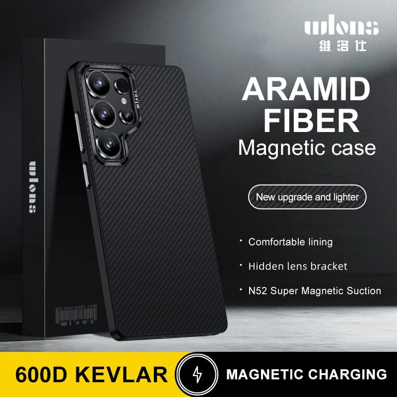 Custodia magnetica per telefono Wlons in fibra aramidica di carbonio per Samsung Galaxy S25 Ultra Kevlar Cover per obiettivo fotocamera in lega di alluminio