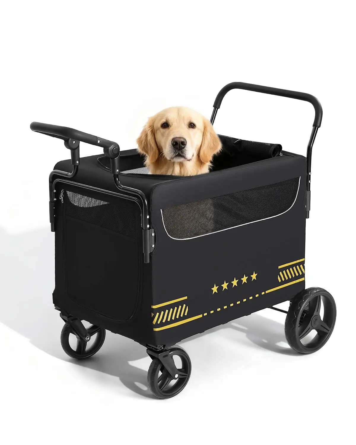 Passeggino per cani pieghevole con rampa, freni, 3 ingressi, maniglie regolabili per animali domestici di taglia media e grande fino a 160 libbre
