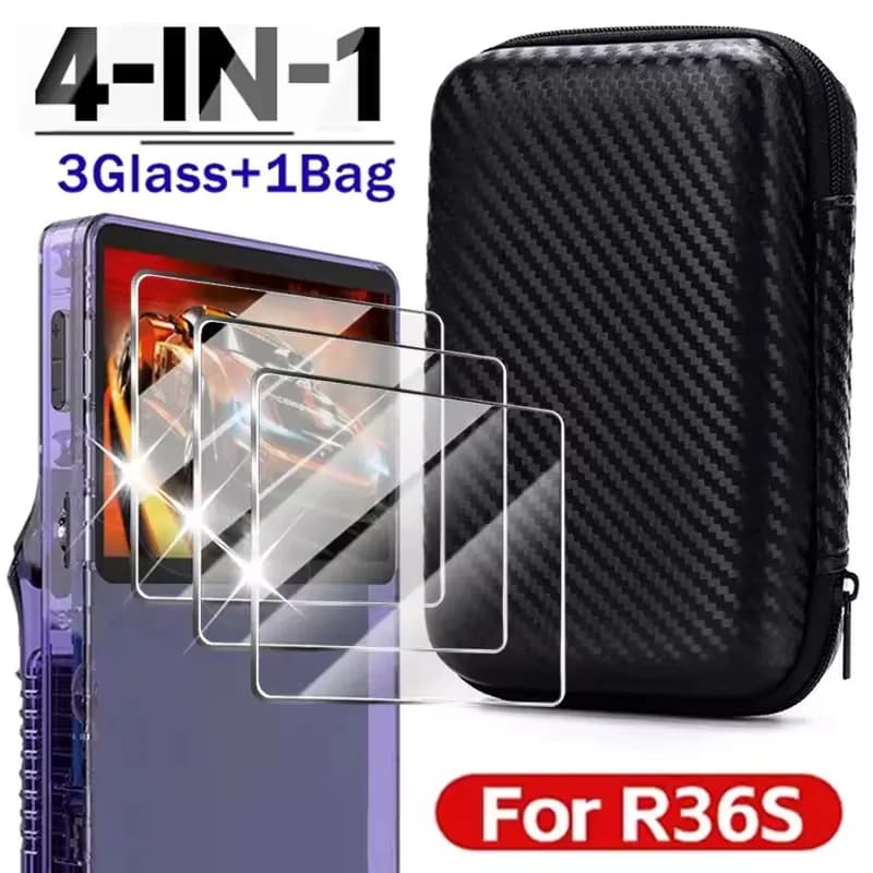 Custodia 4 IN 1 Console di gioco Borsa da trasporto da viaggio Proteggi schermo Pellicola in vetro temperato per accessori R36S R36MAX K36