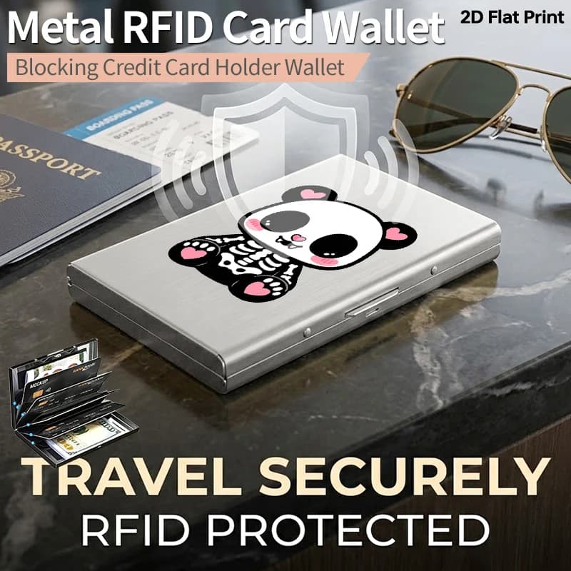 Kawaii Skeleton Panda RFID Blocking Pop Up Card Holder Slim Metal Wallet Minimalist Anti Theft Credit Card Case Spooky Goth Pink