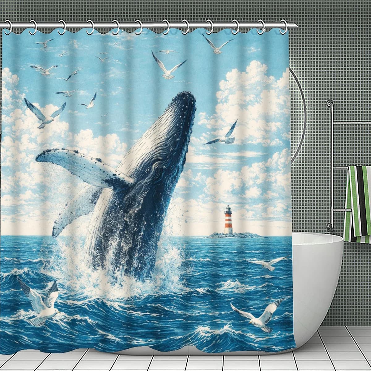 Tenda da doccia con illustrazione di balene oceaniche, 1 pezzo con 12 ganci, per bagno, decorazione per la casa, in poliestere, stampa piatta 2D, 70,8x70,8 pollici
