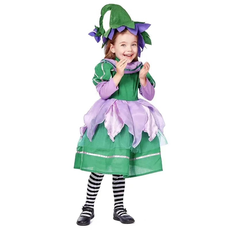 2025 Halloween Cosplay Viola Verde Giardino Elfo Principessa Fata Munchkin Costume da Ragazza di Fiore Bambino Bambini Purim Halloween Fancy Dres