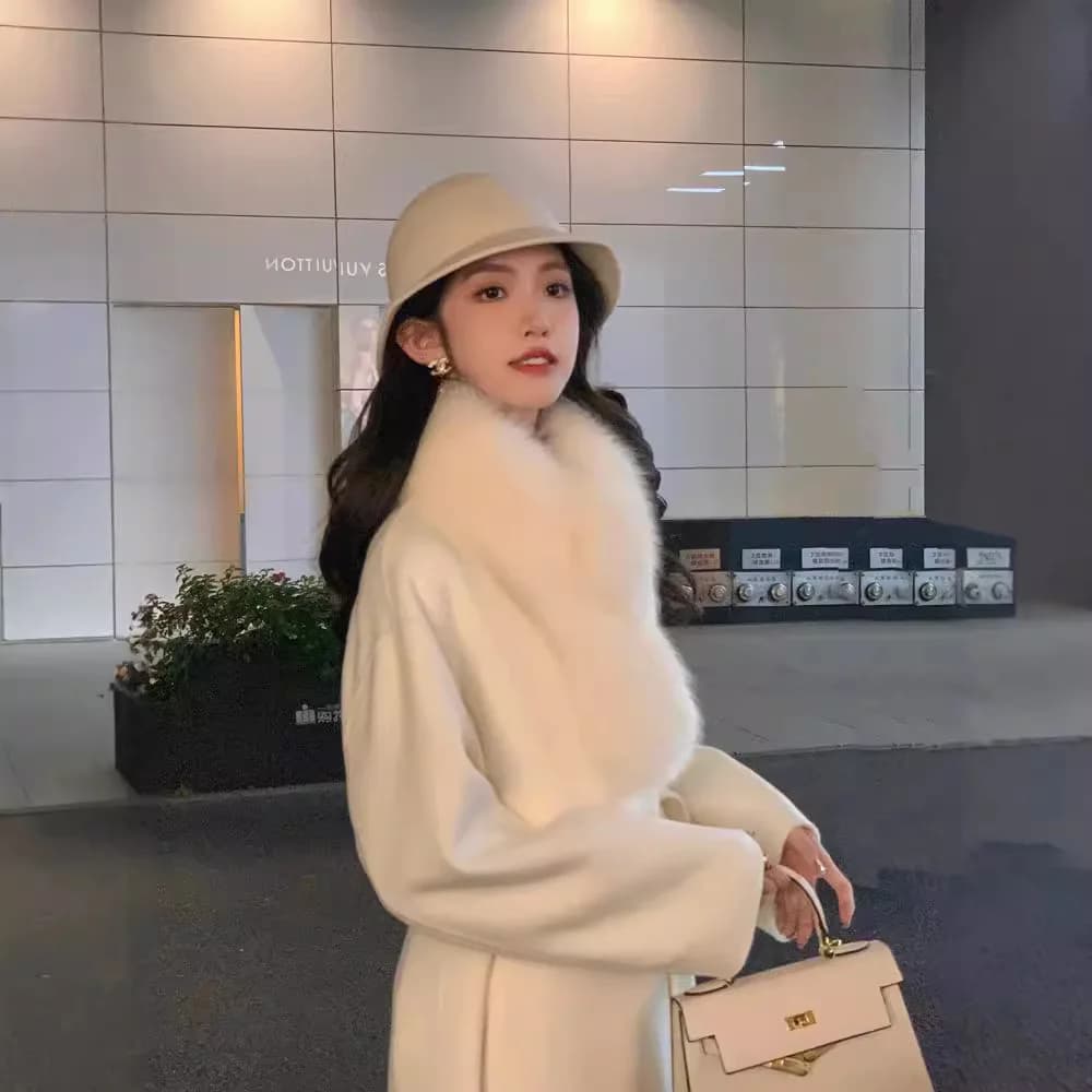 Cappotto Lungo in Cashmere a Doppio Lato per Donna, Moda Invernale di Alta Gamma, Giacca con Elegante Colletto in Pelliccia Bianca