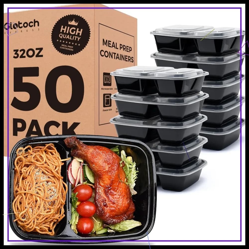 Confezione da 50 Contenitori per Pasti da 32 oz con 2 Scomparti e Coperchi, Ermetici, Adatti per Microonde, Congelatore e Lavastoviglie