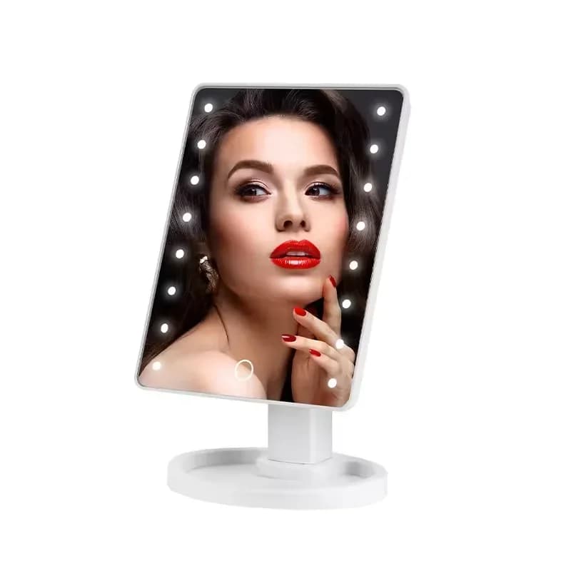 Specchio per trucco quadrato illuminato con luci LED regolabili e supporto per organizer per cosmetici, camera da letto e bagno