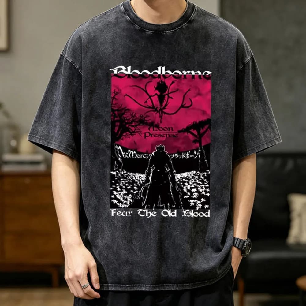 Bloodborne cotton Vintage Washed top tees teen Digital Trendy Comfortable Pop Culture 2000s Psychedelic anime Retro graphic