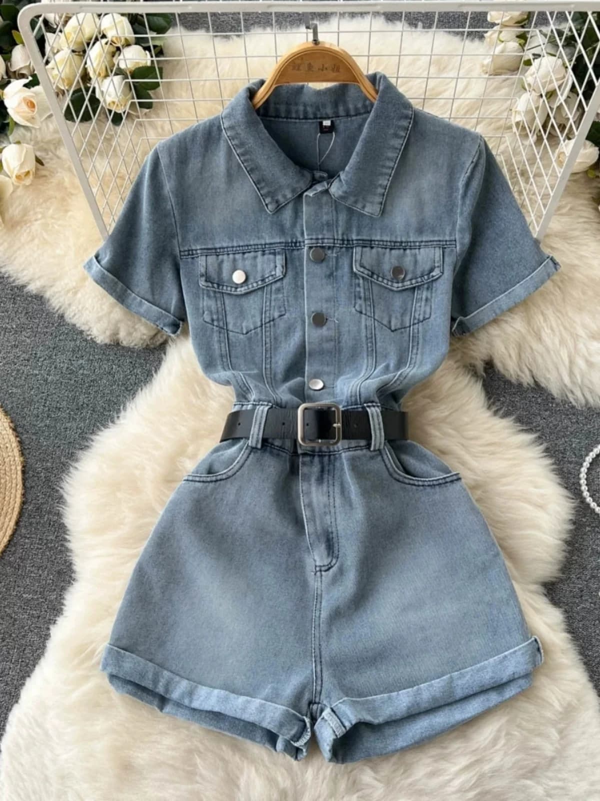 Tuta Vintage in Denim da Donna Blu Nera con Bottoni Vita Alta e Cintura Gamba Larga Primavera Estate 63928