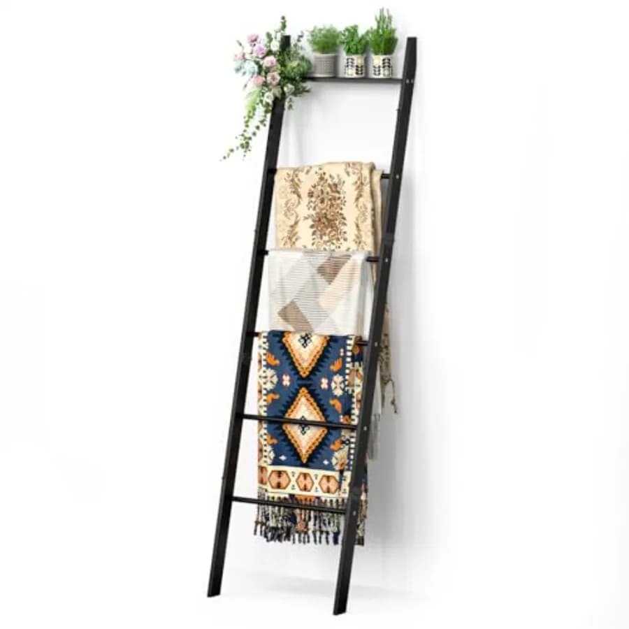 Scala Porta Coperte a 6 Livelli per Soggiorno, Scaffale Rustico Decorativo per Coperte e Trapunte, Portasciugamani da Parete