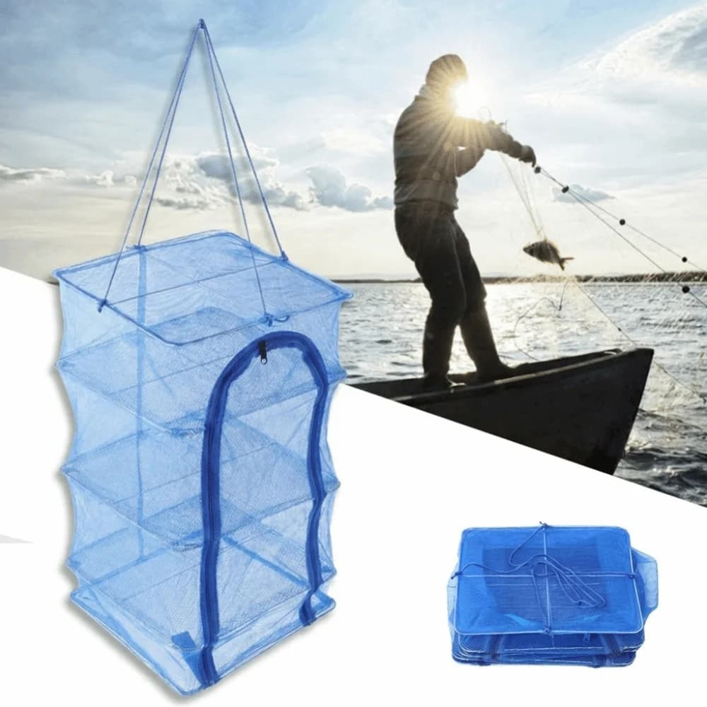 Rete Portatile Pieghevole per Essiccazione Pesce in PE con Apertura a Cerniera, Rete Sospesa per Essiccazione 35*35*66cm Blu, Rastrelliera per Essiccazione Alimenti ed Erbe