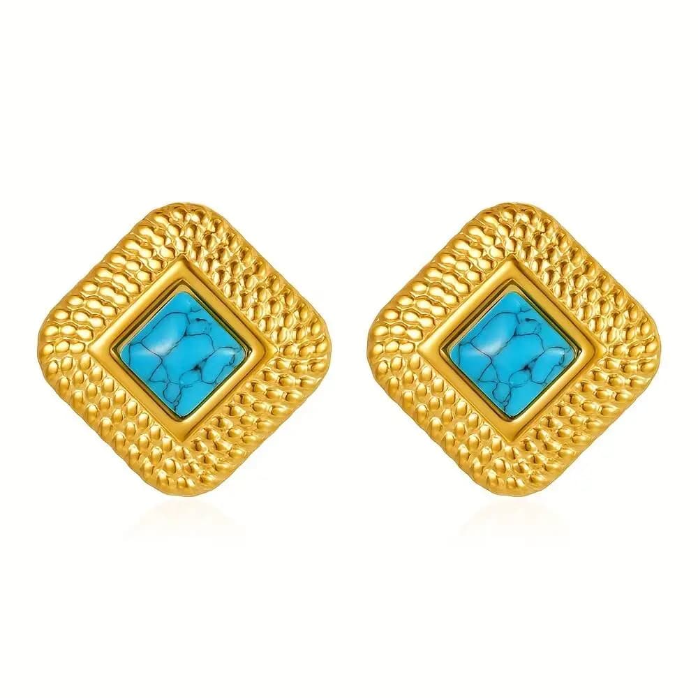 Orecchini a Perno Quadrati Vintage in Acciaio Inox Placcato Oro con Turchese Blu, Gioielli Geometrici