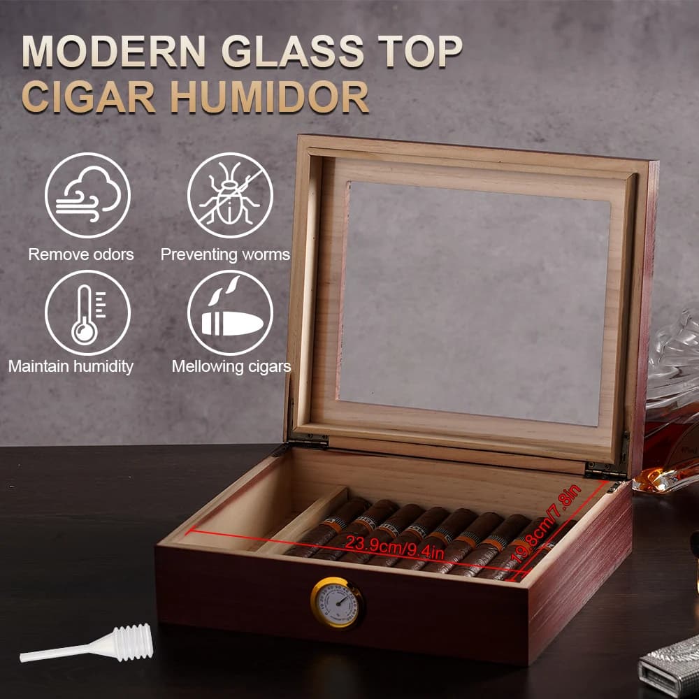 Umidificatore per sigari Umidificatore per sigari in legno di cedro Umidificatore da tavolo con parte superiore in vetro con set di accessori per umidificatore igrometro anteriore
