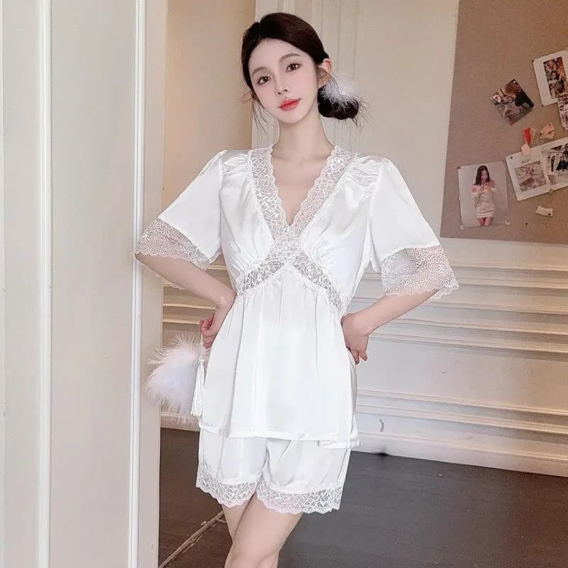 Nuovo Set Pigiama Estivo da Donna con Maniche Corte e Pantaloncini, Pigiama in Pizzo Kawaii, Abbigliamento da Casa per Adolescenti, Semplice Set Due Pezzi in Stile Francese