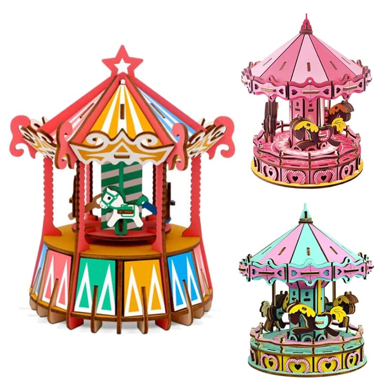 Carousel Puzzle 3D in legno simulazione fai da te modello di Puzzle in legno Merry Go Round giocattoli per bambini per bambini giochi per feste per ragazze regalo