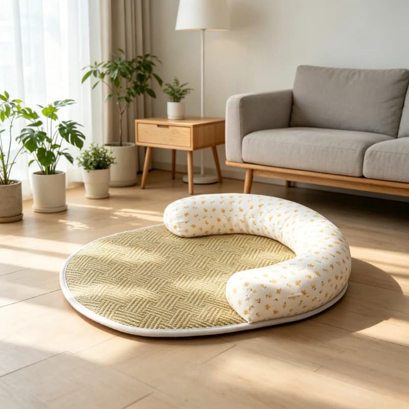 Spacious Straw Cooling Dog Mat, Tightly Woven Breathable Summer Bed, Soft Pillow Neck Support Pad, Airy Pet Sleeping Cushion