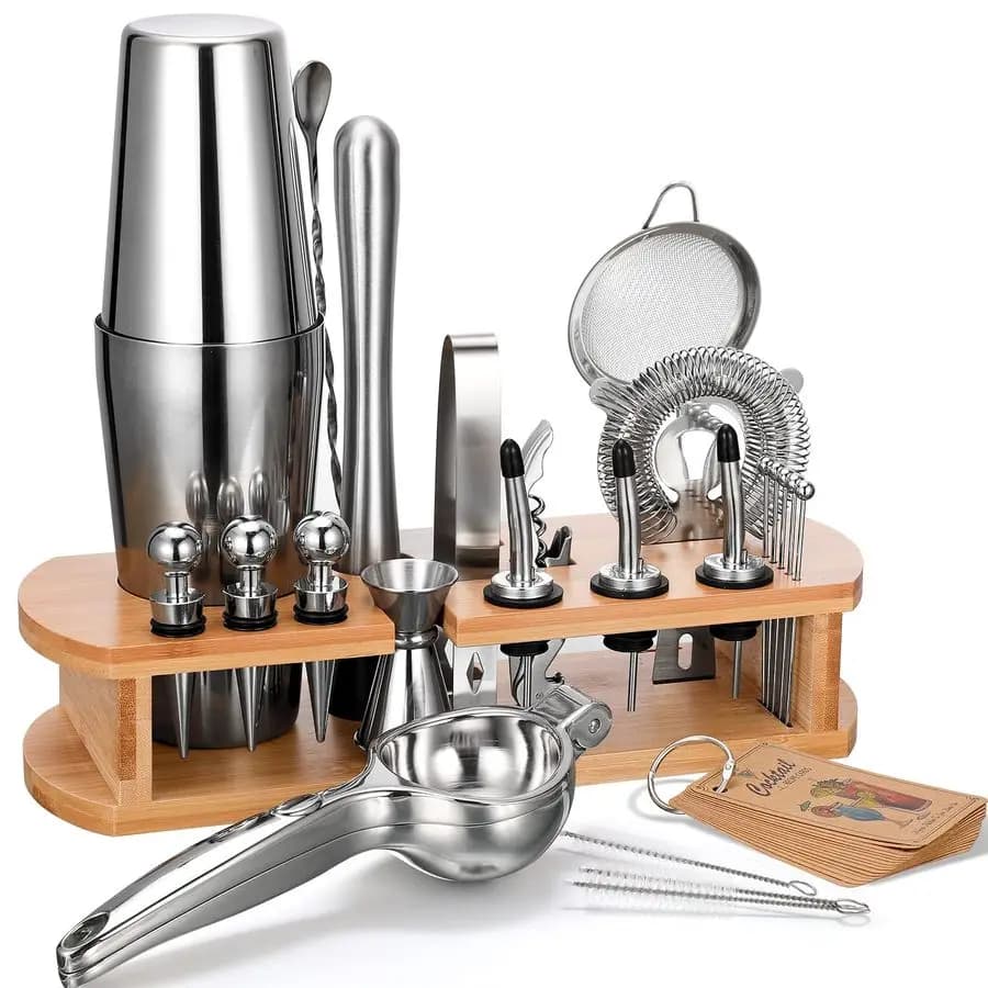Set da Barman con Supporto, Shaker Boston, Cucchiaio da Cocktail, Muddler, Jigger, Spremiagrumi, Pinze, Cavatappi