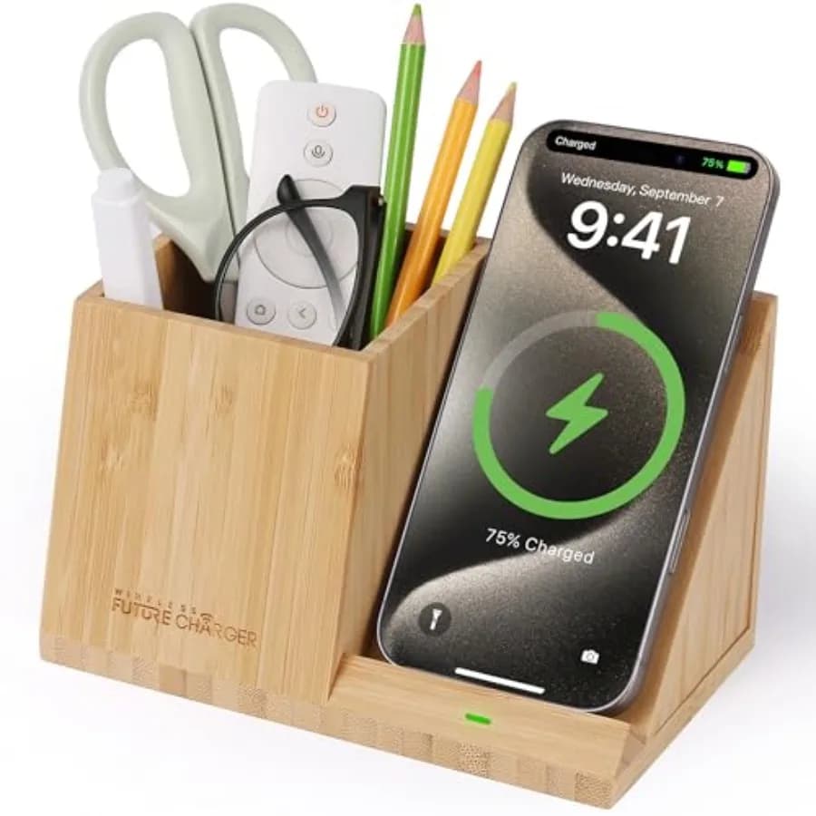Portapenne da scrivania e organizer da comodino con ricarica wireless veloce per iPhone, Samsung e altri accessori da ufficio.