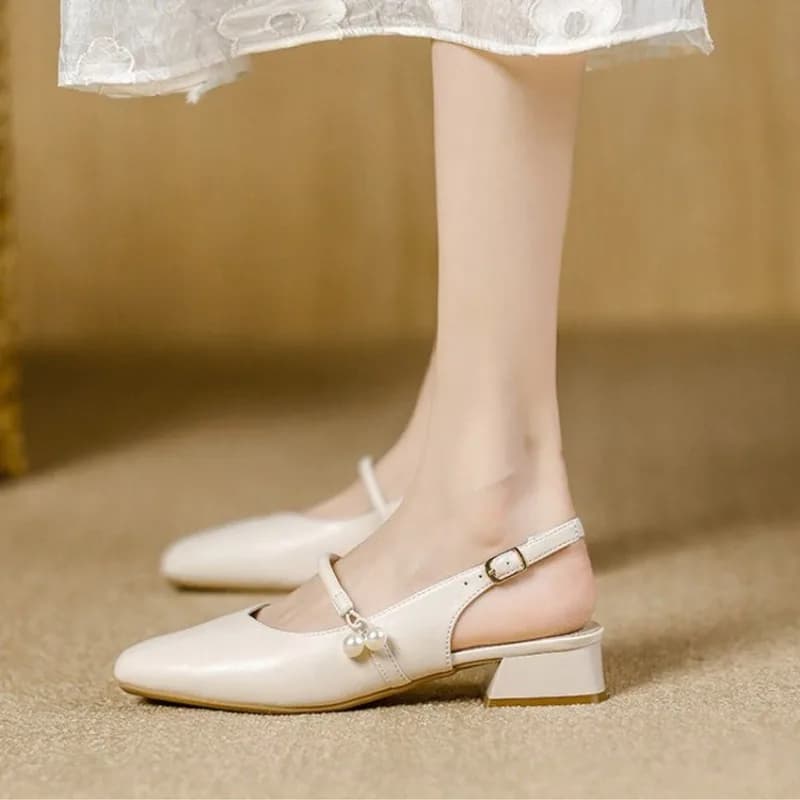 Scarpe da Donna Mary Jane con Cinturino Posteriore, Punta Quadrata, Tacco Largo, Dettaglio Perle, Calzature Professionali da Ufficio, Slip-on, Nuove