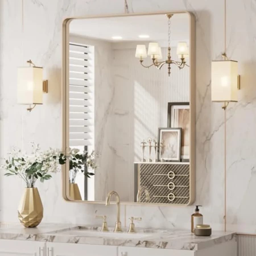 Specchio da Bagno 20"X30", Specchio con Cornice Rettangolare Arrotondata, Specchio da Parete per Bagno Spazzolato, Antiruggine, da Appendere Orizzontalmente