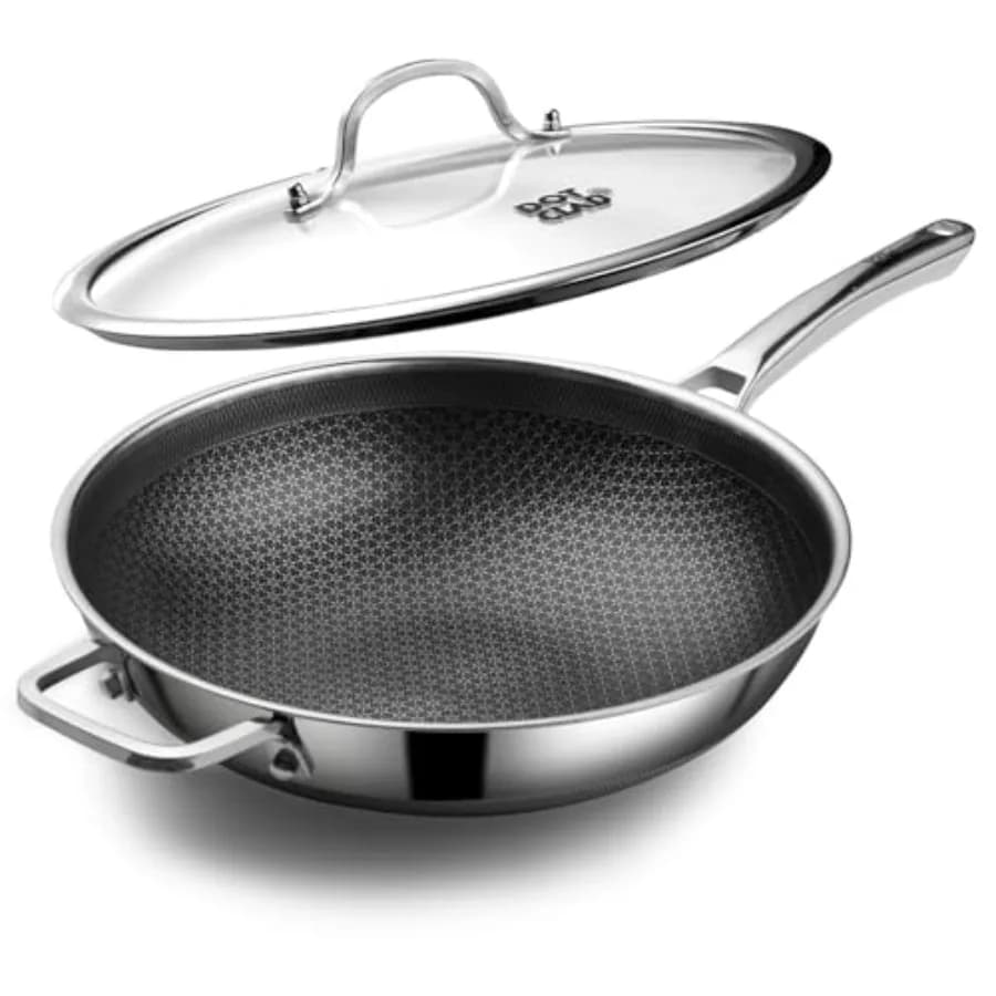 Padella wok, wok ibrido con coperchio, pentole senza PFOA, wok e padelle antiaderenti in acciaio inossidabile, lavabili in lavastoviglie e adatte al forno.