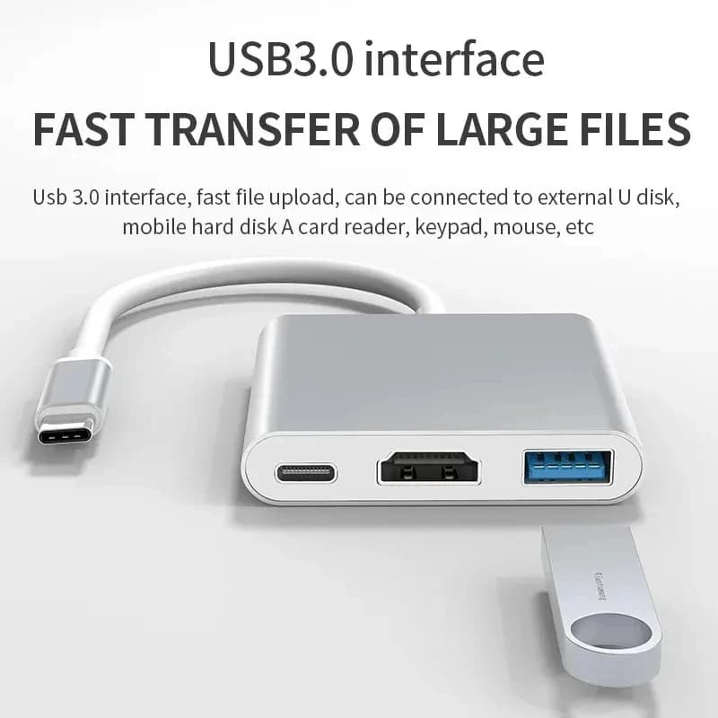 Hub USB C 3 in 1 da maschio a femmina – Adattatore di ricarica da USB 3.1 Type C a USB 3.0 HDMI 4K per MacBook Air/Pro iPad Samsung Dell XPS