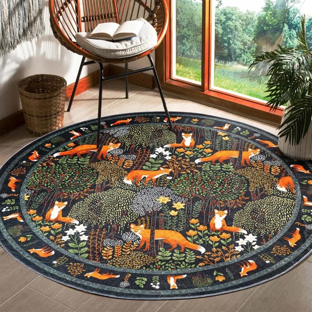 Tappeto Rotondo con Volpi Rosso-Arancioni, Tema Natura, Decorazione per Camera dei Bambini, Tappeto Morbido per Camera da Letto, Decorazione per la Casa, Regalo