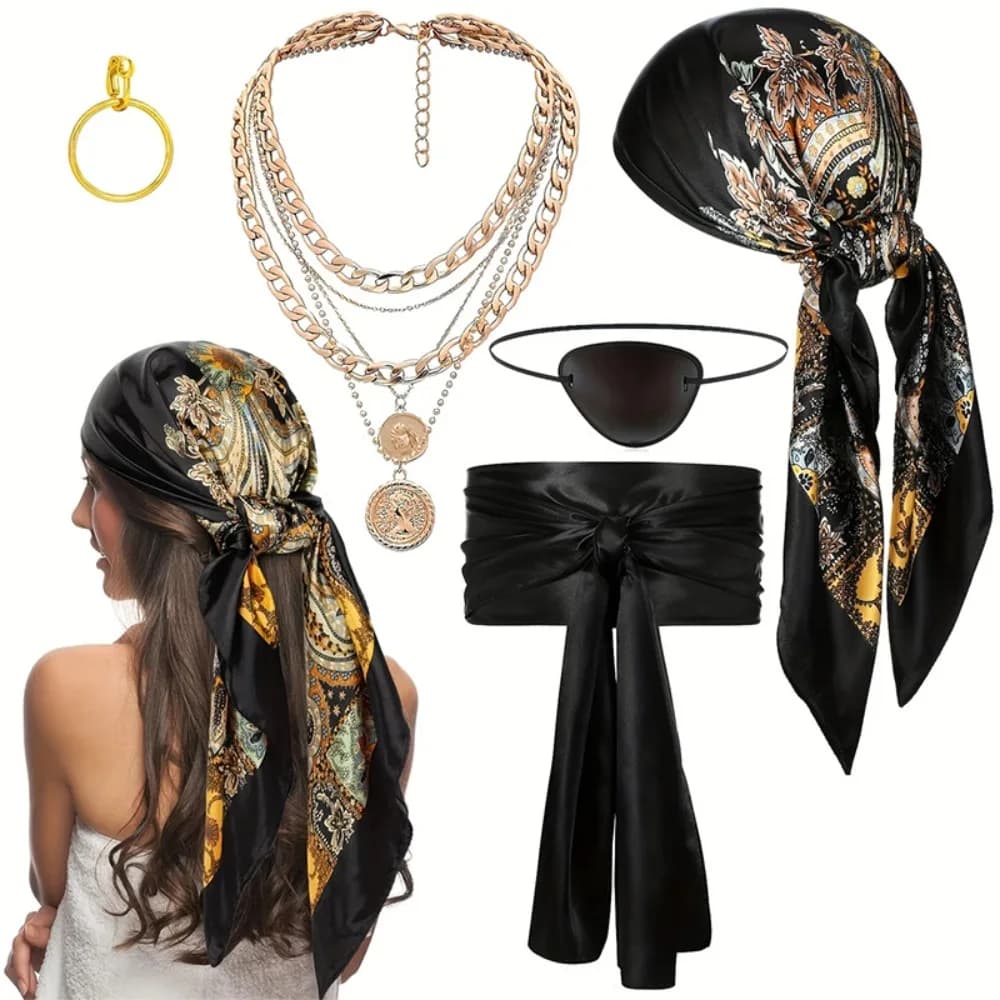 Set of pirate costume accessories, 5-piece kit with bandana, belt, necklace, bracelet, essential for Halloween, cosplay and disguises