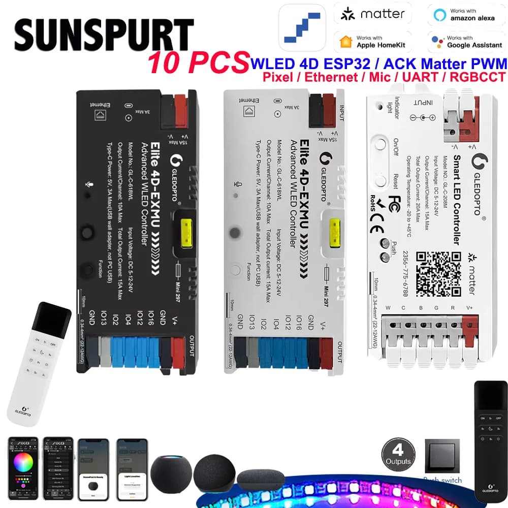 10ACK Matter Controller LED Intelligente Smart RGBCCT Controller per strisce luminose 5V 12V 24V PWM e Elite Advanced WLED 618WL 4 Out SPI