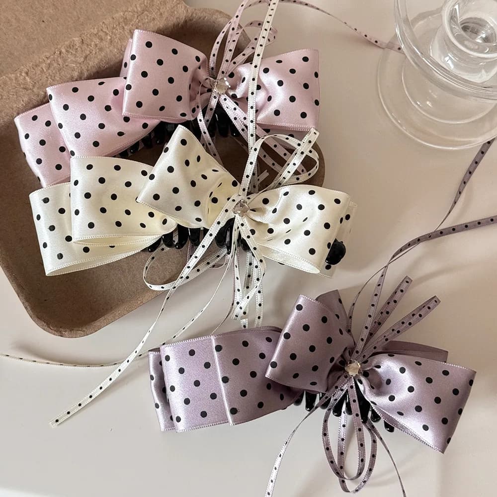 Sweet Polka Dot Satin Bow Hair Claws Clips With Long Ribbon Tassel Non Slip Banana Clips For Women Casual Party Hair Accessories