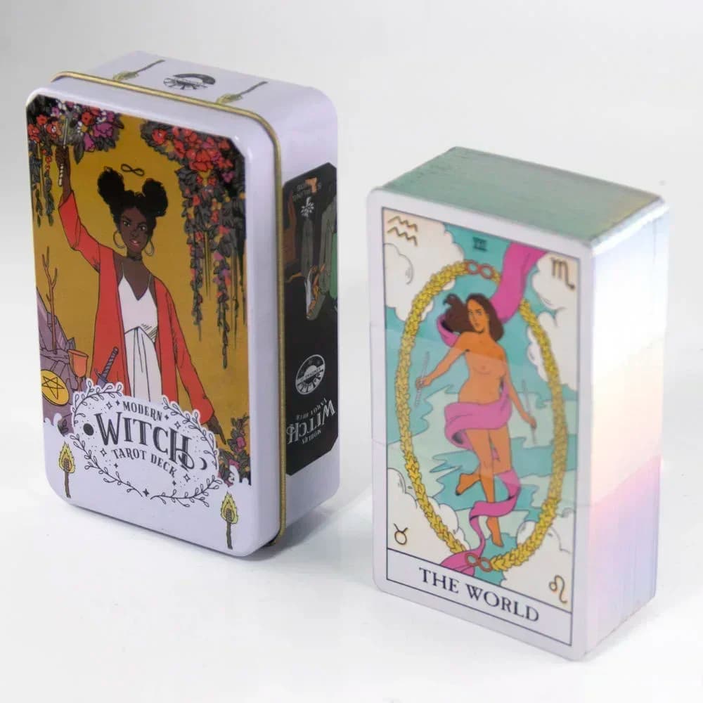 Mazzo moderno Oracle Strega Carte Tarocchi Scatola di latta Bordo dorato Versione inglese Gioco di carte da scrivania Principianti con guida Gioco di carte