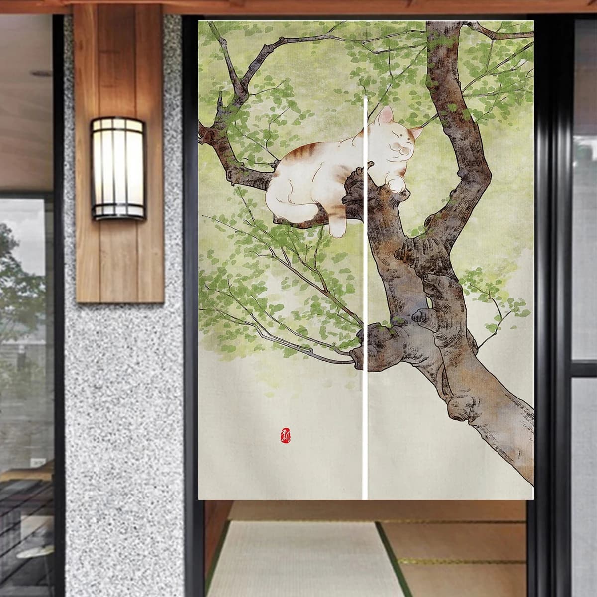 Tenda per Porta con Gatto Seduto su un Albero, Scena Naturale Giapponese Noren, Decorazione per Casa, Pannello Appeso