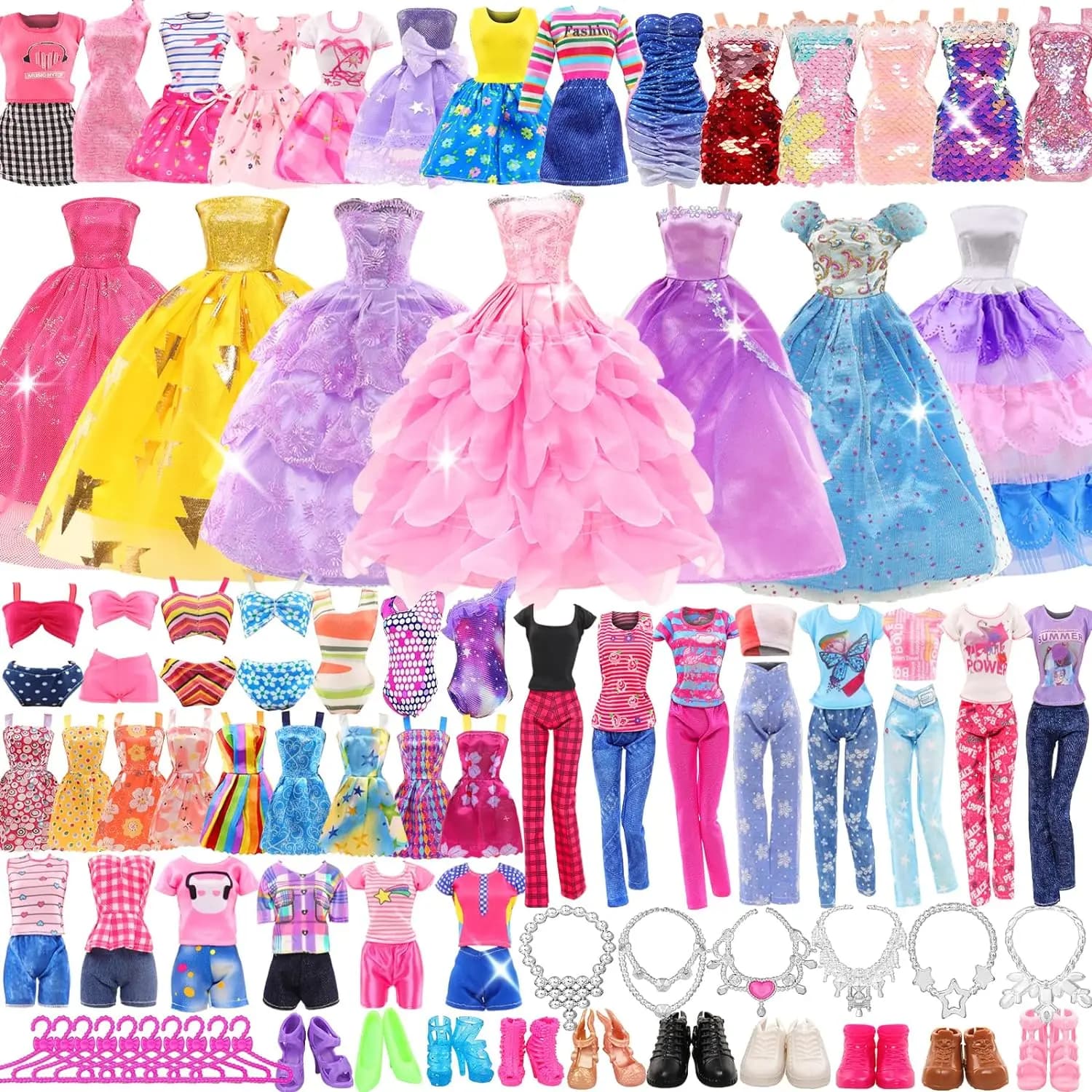 45 pezzi di vestiti per bambole da 11,5'' = 2 abiti da sposa, 2 top, 2 pantaloni, 2 vestiti, 2 costumi da bagno, 5 gonne con bretelle, 10 scarpe, 22 accessori per bambole da 30 cm