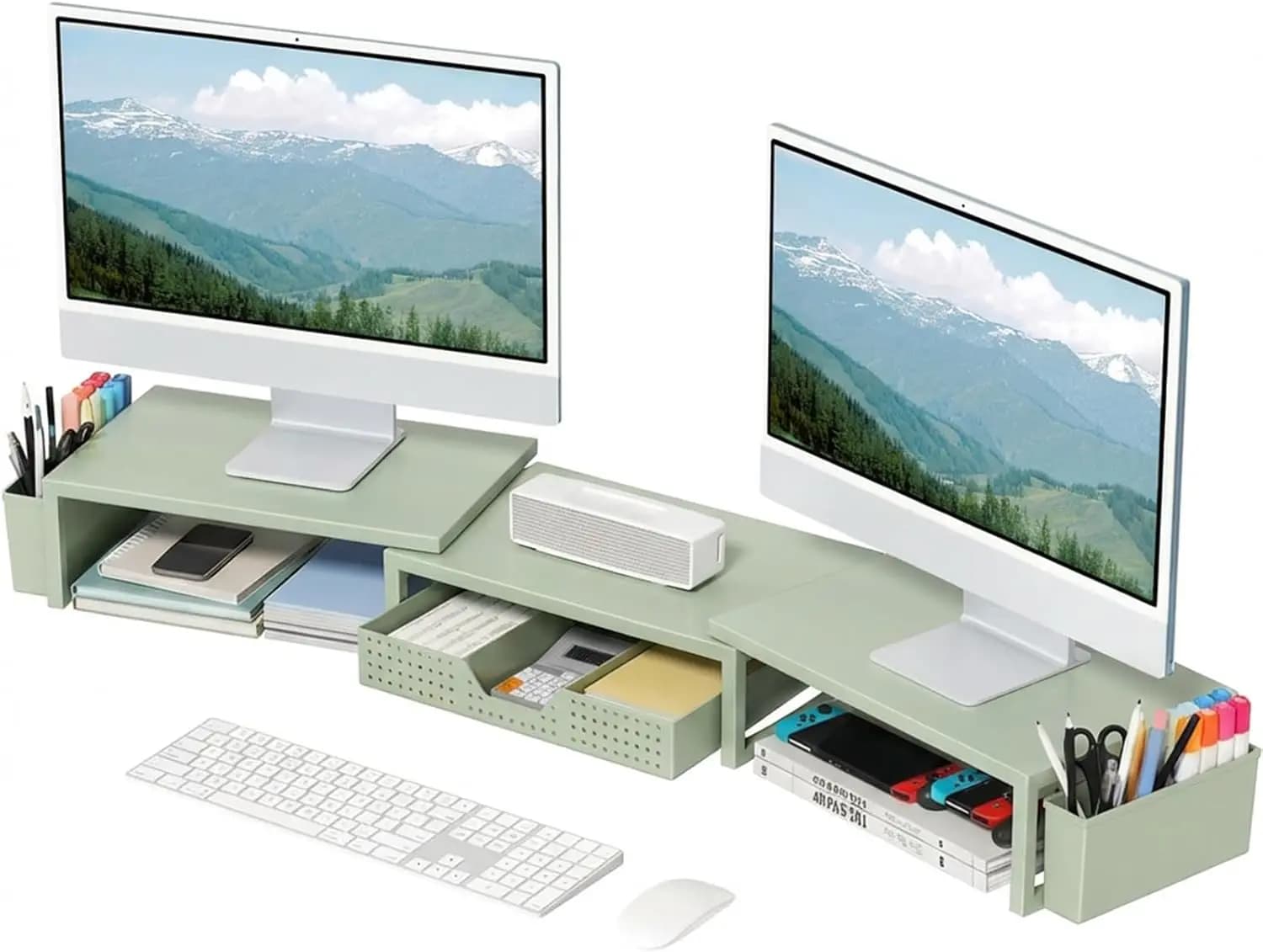 Supporto per Doppio Monitor con Cassetto e 2 Portapenne, Ripiano in Metallo per Monitor, Organizzazione Scrivania, Verde