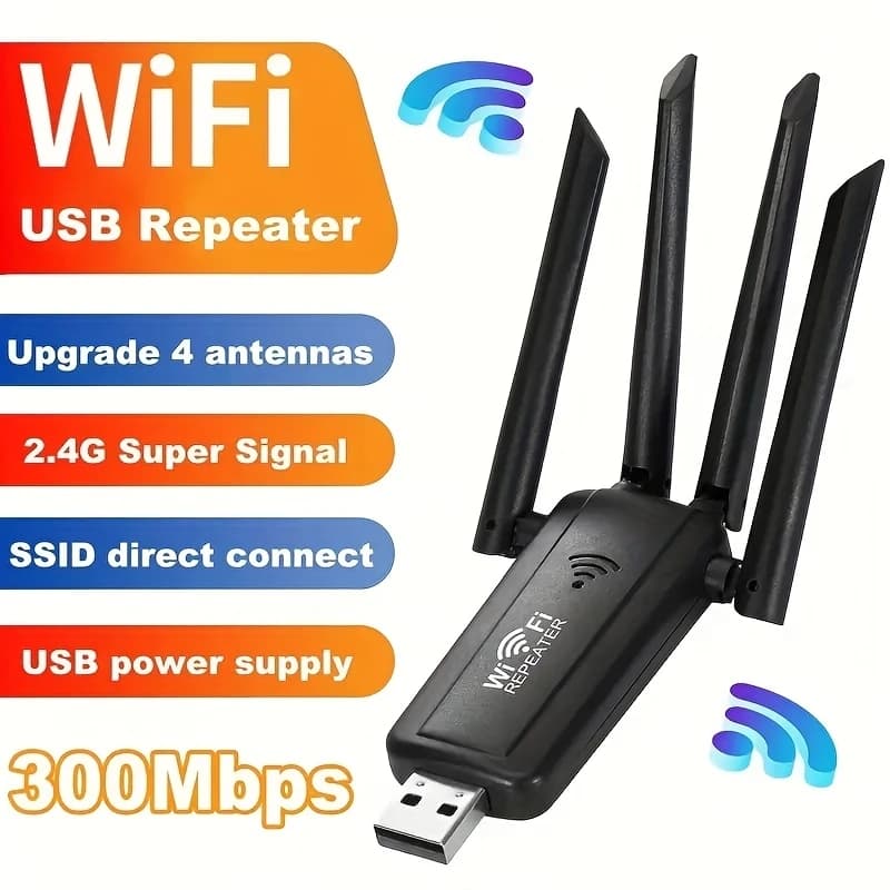 Amplificatore di segnale Wi-Fi USB ad alta potenza Regaton con 4 antenne - Ripetitore 300Mbps, 2.4G ideale per computer da ufficio e domestici