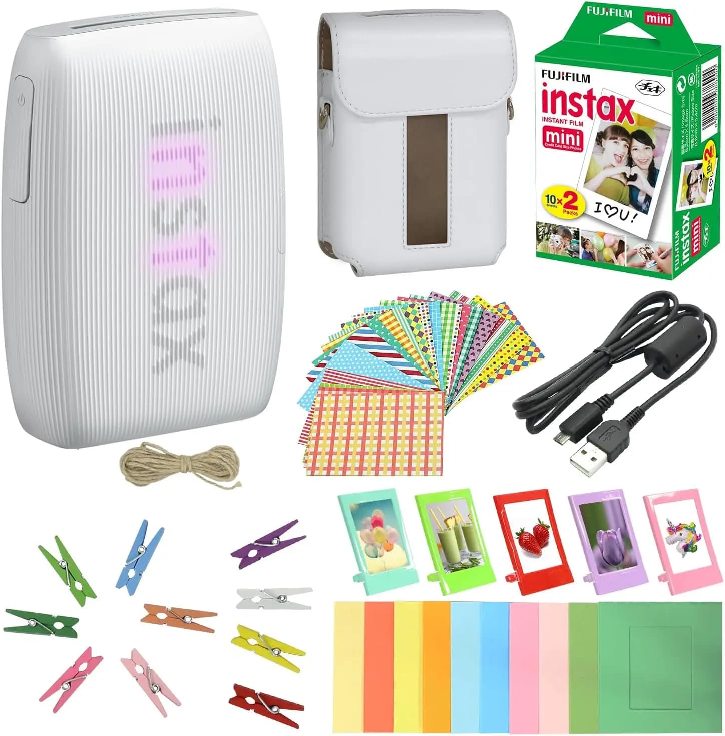 Bundle Stampante per Smartphone con 20 Fogli, Album, Cornici da Scrivania e Adesivi in Bianco Argilla