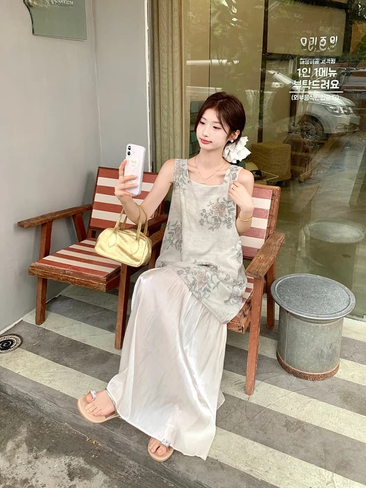 Retro Simple Satin Patchwork Vest Dress Women's Summer Design Elegant Loose Meat Covering Student Long Skirt Silk Material