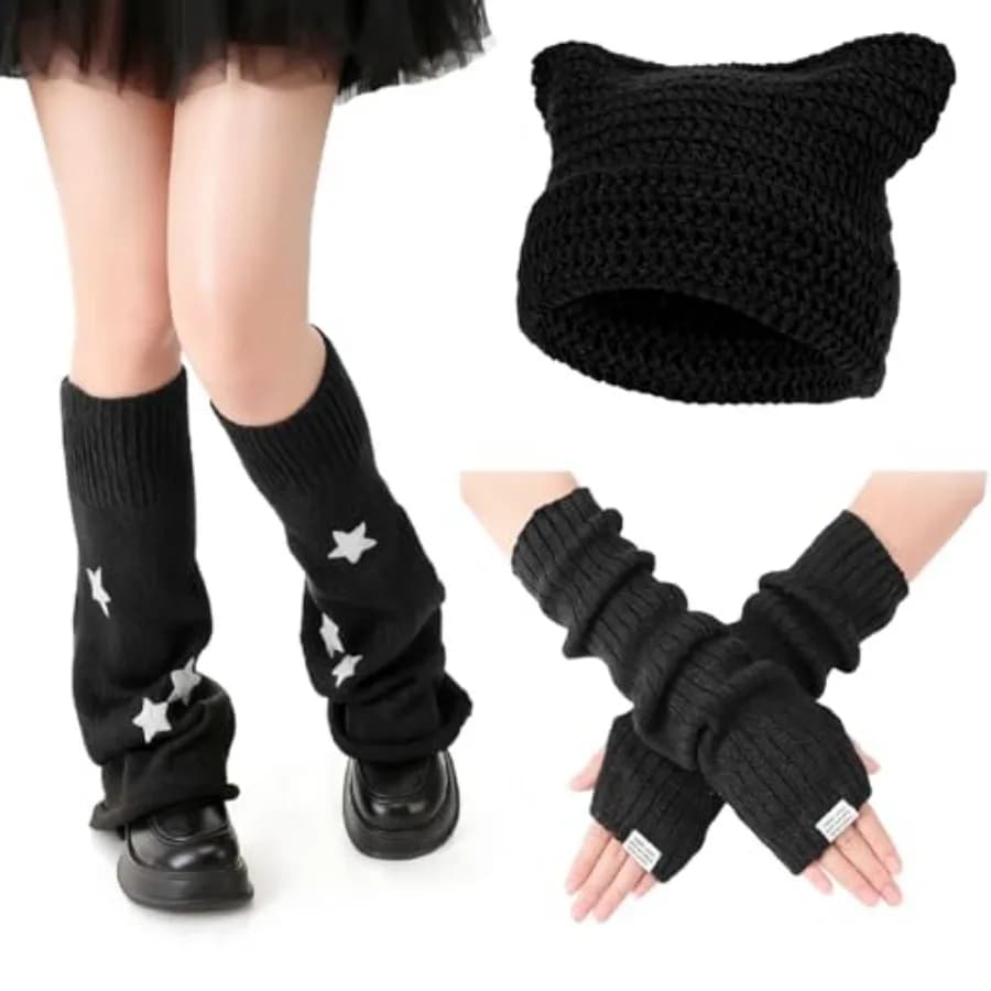 Berretti Y2K all'uncinetto per donna, accessori Kawaii con scaldabraccia e scaldacaprioli a stella per cosplay giapponese Harajuku Lolita Rav