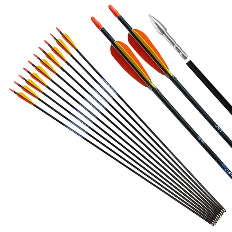 Accessori per Tiro con l'Arco Compound Bow, Frecce in Carbonio Puro Spine 500-1000 ID4.2mm con Piume di Tacchino per Caccia e Tiro