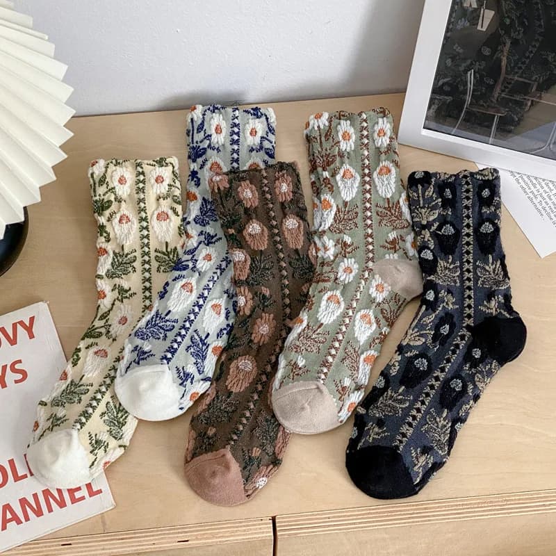 1/5 pairs of autumn winter new retro oil painting style women's socks simple comfortable casual socks