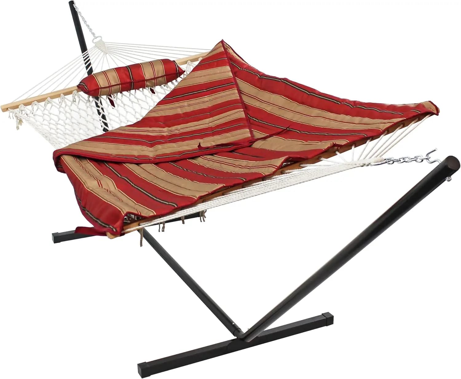 Sunnydaze Amaca in Corda con Supporto per Esterni - Set Amaca Portatile Autoportante Resistente per Esterni con Cuscino Trapuntato, Cuscino, e
