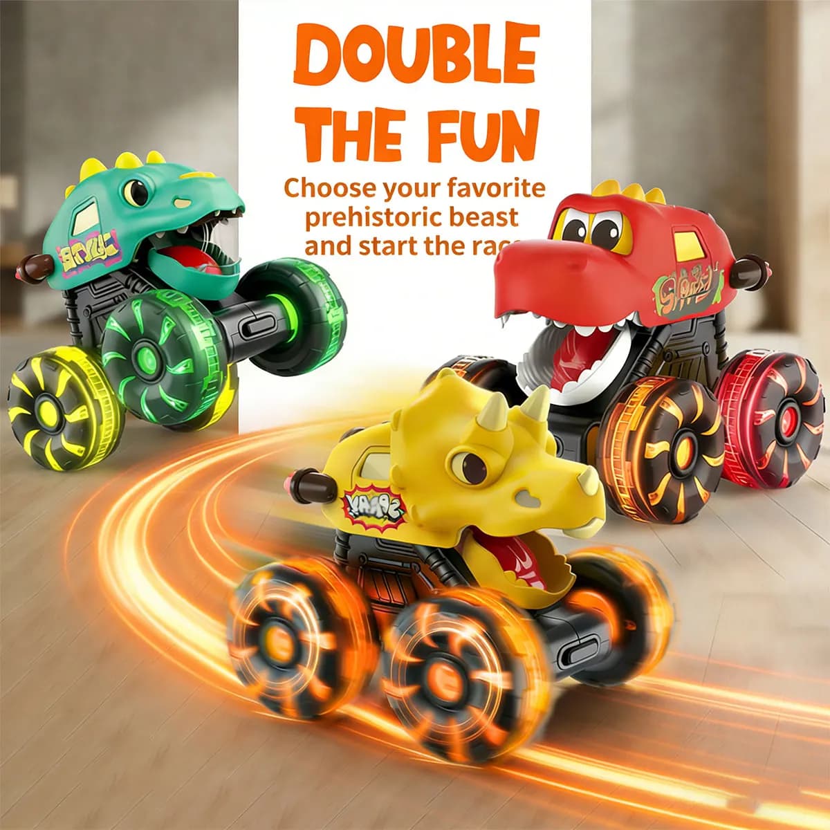 Camion Mostro Dinosauro con Ruote Luminose, Giocattolo per Bambini e Bambine, Veicolo Scorrevole a Pressione, Gioco di Corse per Ragazzi, Regalo di Compleanno