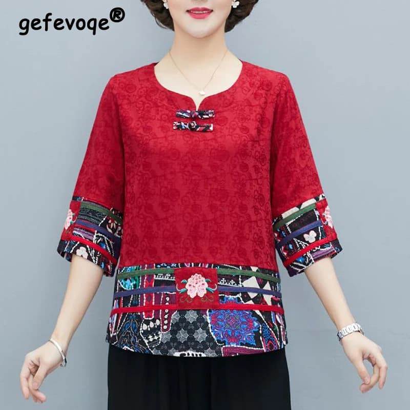 Nuove donne Vintage stile etnico cinese ricamo camicette moda elegante stampa cotone lino camicie signore 3/4 manica allentata top