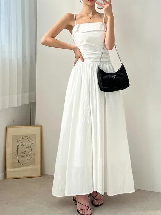 Chic A-Line Vest Strap Dress Women's High Waist Pleated Long Skirt Korean Style Citywalk Summer Season Button Closure Slim Fit