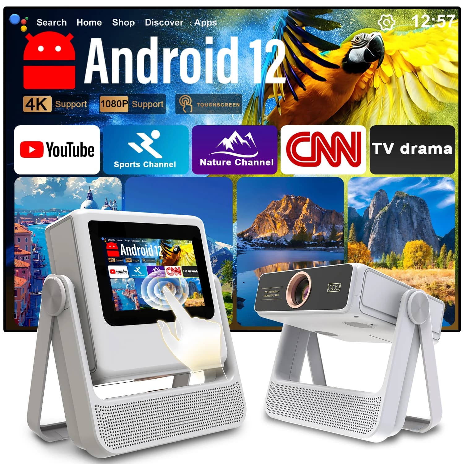 Smart 3-in-1 Projector Tablet Speaker 7" 1080P 4K Auto Focus 180° Rotate Android 12 HDMI USB WiFi BT Gift Box