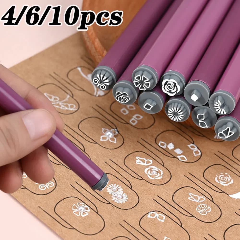 4/6/10 pezzi Modelli di fiori e farfalle Penne per timbri per nail art Testa in silicone Strumenti per timbratura/puntura per unghie Inchiostro ad asciugatura rapida Design per unghie
