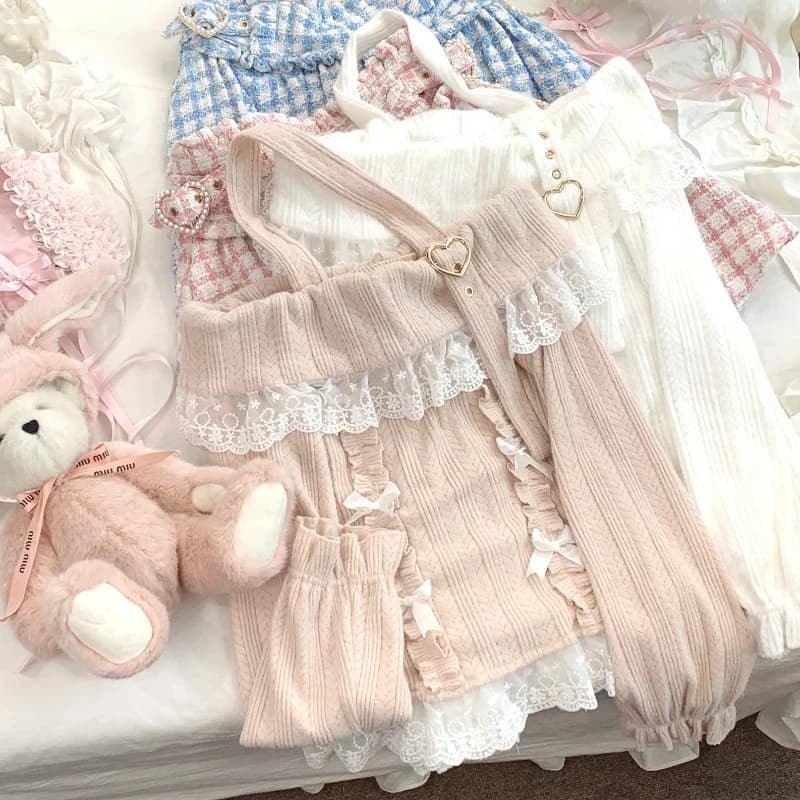 MEXZT Kawaii Pink Slash Neck Sweater Women Lolita Lace Patchwork Knitted Pullovers Y2K Cropped Halter Knitwear Aesthetic Jumpers
