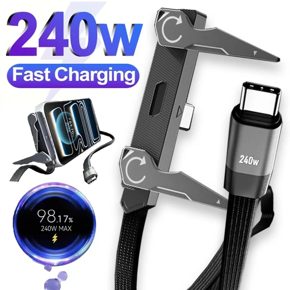 Cavo Dati USB C Pieghevole da 240W con Supporto a L, Cavo di Ricarica Rapida Type-C a Type-C per iPhone 15 16 17 Xiaomi